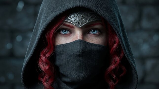 Mysterious female rogue with vibrant red curly hair and piercing blue eyes wears a dark hood and silver metal circlet