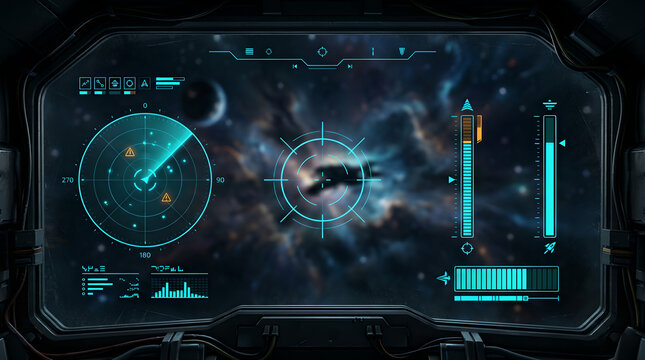 Futuristic spaceship cockpit view with targeting reticle on a distant vessel against a vibrant nebula and planet backdrop, displaying various HUD elements and radar.