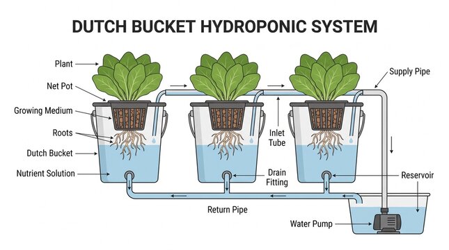 Educational Diagram Illustrating the Mechanics and Components of a Professional Hydroponic Bucket Irrigation Setup