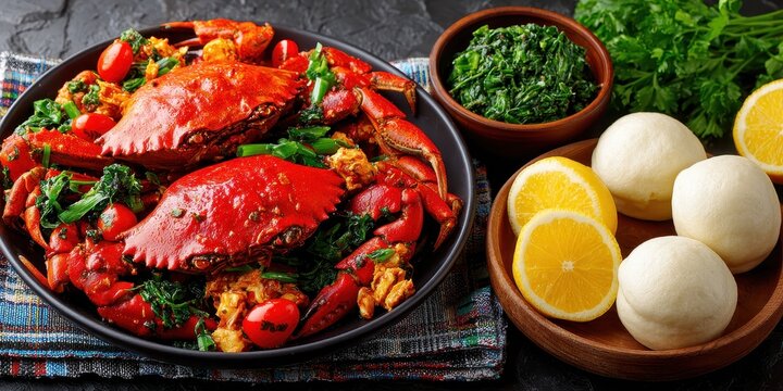 A tantalizing seafood feast featuring stir-fried crab served with steamed buns, vibrant greens, and lemon, promising a delicious culinary experience