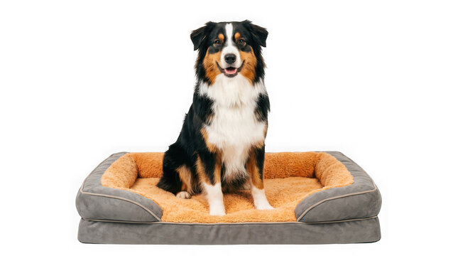 Australian shepherd dog sitting on a comfortable pet bed isolated on transparent background
