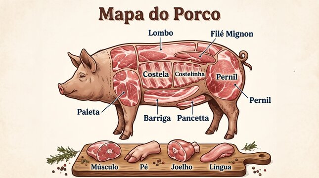 Vintage pork butcher chart showing different cuts of pig meat
