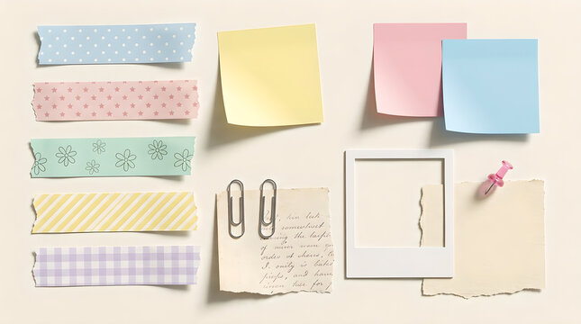 A flat lay composition of various stationery items including colorful washi tapes, sticky notes, paper clips, torn paper, and a polaroid frame on a light background.