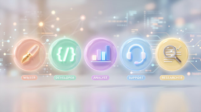 Digital illustration featuring five glowing, translucent icons representing key professional roles: writer, developer, analyst, support, and optimization, set against a futuristic tech background.