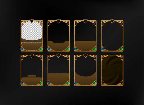 Editable fantasy TCG card frame template set with ornate gold borders, customizable character panels, card backs, stat areas, and decorative game interface elements.