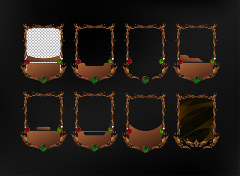 Editable fantasy TCG card frame template set featuring rugged stone rock borders, multiple card layouts, resource slots, character panels, and dark medieval RPG styling.