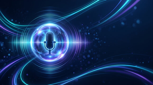 A glowing microphone icon at the center, surrounded by abstract blue and purple light waves, representing voice technology and digital communication.