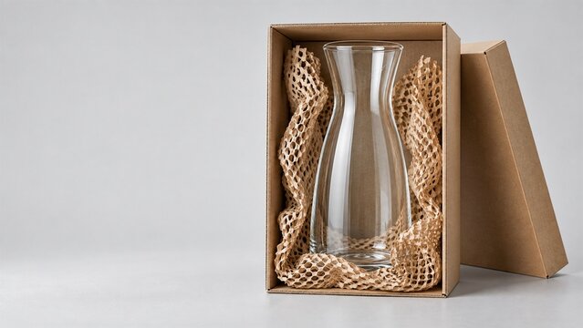 Minimalist glass carafe pitcher packaged in an eco friendly cardboard gift box

