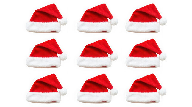 Set of nine red santa claus hats with white fur trim isolated on transparent background