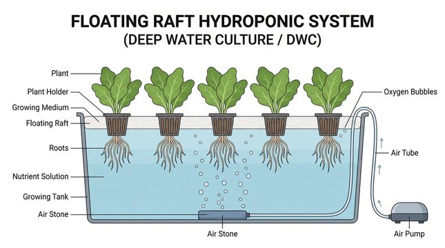 Diagram showing deep water culture hydroponic growing system with plants roots and air pump setup