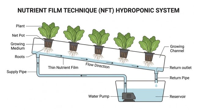 Diagram Illustrating the Nutrient Film Technique for Hydroponic Plant Cultivation and Sustainable Agriculture Systems