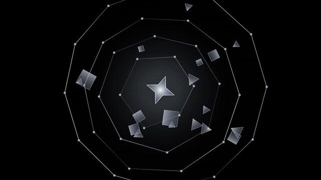 Abstract geometric shapes rotating and pulsing in dark space with starburst effect and glowing lines.