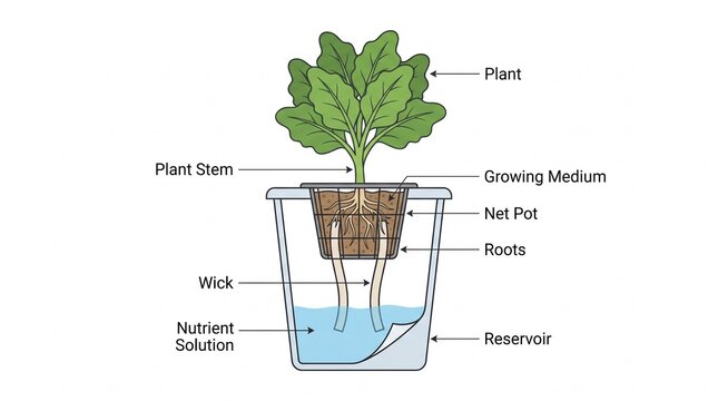 Wick hydroponic system diagram illustration showing plant growth setup with reservoir and nutrient solution