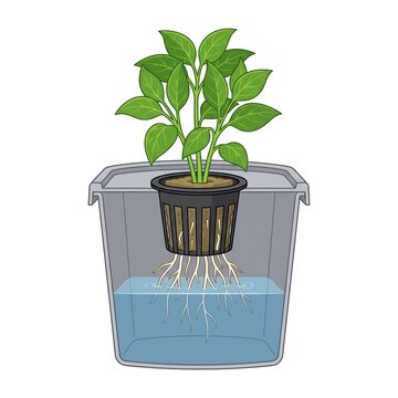 Hydroponic plant growing in a bucket with water and roots visible in a cross section diagram