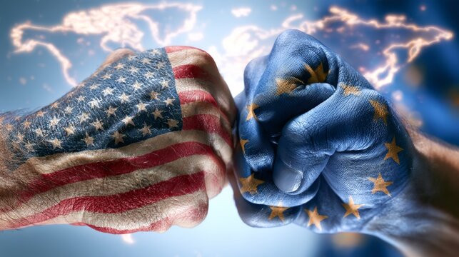 American and European Union flag covered fists facing each other with illuminated world map background, symbolic international confrontation and geopolitical tension, digital composite