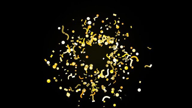 Golden confetti explosion and particles swirling on black background, festive celebration motion.
