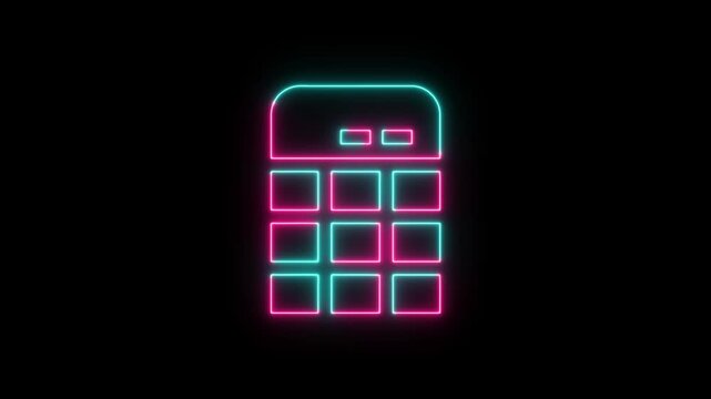 Neon calculator icon with bright glowing cyan and pink lines on a dark background