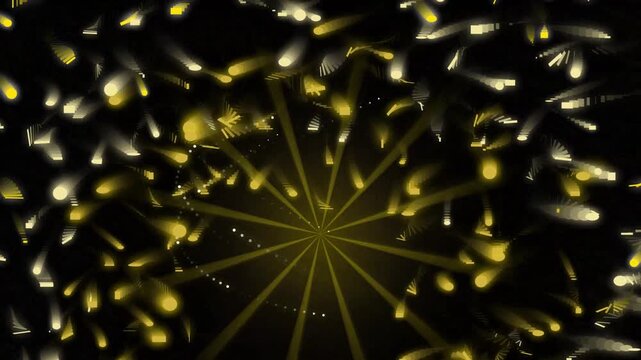 Abstract swirling golden particles explode outwards on black background motion graphics.