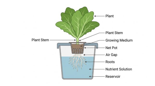 Detailed educational diagram of an indoor hydroponic growth system showing plant anatomy roots and nutrient reservoir setup