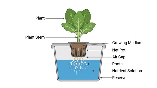 Comprehensive Diagram of a Hydroponic System Setup for Soilless Plant Cultivation, Highlighting Key Components and Growth Method