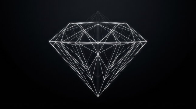 A white diamond with a black background, featuring a geometric design with lines and dots.