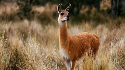 Fototapeta premium A brown llama stands alert in tall golden grass with blurred trees in the background under soft natural light