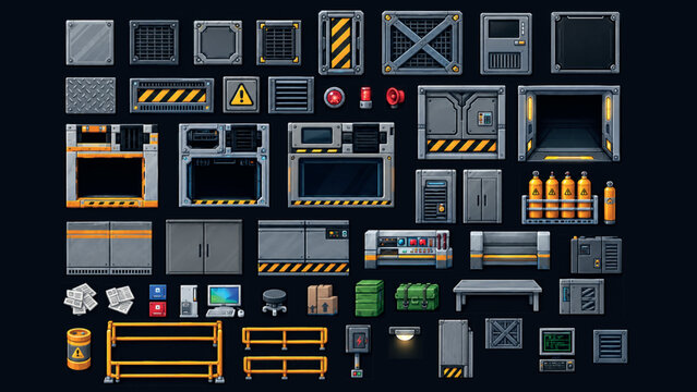 Sci-fi pixel art game assets, industrial spaceship interior construction kit, futuristic laboratory environment elements, 2D platformer level design set