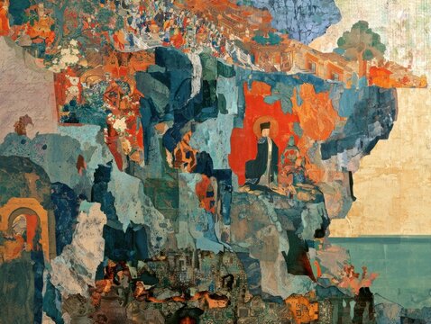 Traditional oriental Asian fresco mural painting on rocky cliff background, detailed classical Chinese or Japanese Buddhist temple art collage with ancient figures, historical mythology artwork