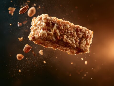 Levitating crunchy cereal energy bar floating in air with falling almonds and crumbs on warm dark background, dynamic fitness snack splash shot, healthy organic granola cereal bar photography
