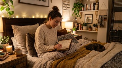 Fototapeta premium A woman sits on a bed, reading a book in a cozy, warmly lit bedroom. The room is decorated with string lights, plants, and books, creating a relaxed 