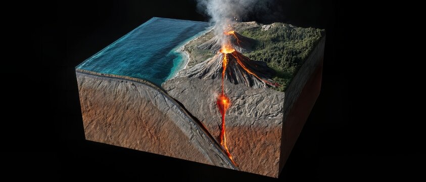 Subduction of continent plates showing volcanic eruption -  Cross-Section of earth layers