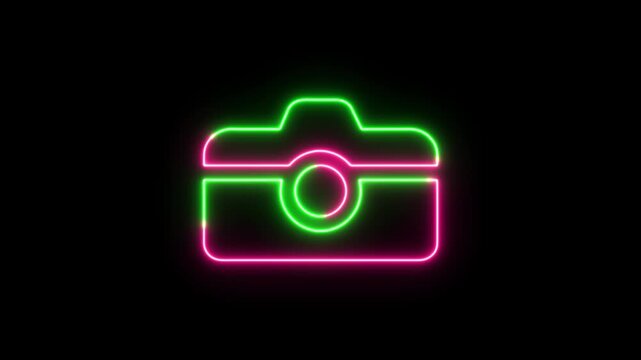 Neon glowing photo camera icon with green and pink light lines on black background