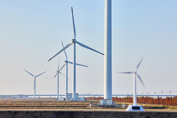 Wind farm on flat coastal countryside with renewable energy turbines © PhamHong