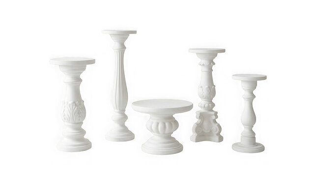 Set of five white decorative pedestals and candle holders of different heights isolated on transparent background