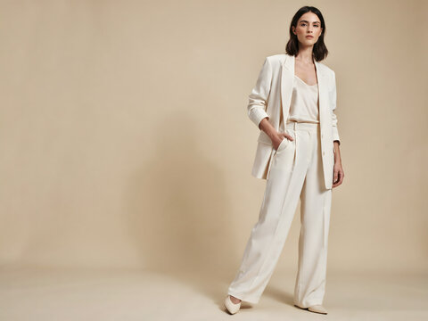 A woman standing in a full length shot wearing a cream colored oversized blazer and matching wide leg trousers against a neutral background