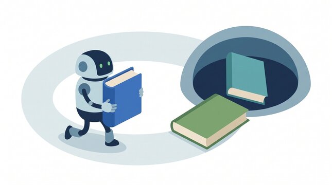 Small automated robot carrying blue book to archive storage area with automation
