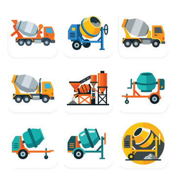 concrete mixers and construction equipment flat design vector icons set ideal for building industry graphics and modern industrial illustrations