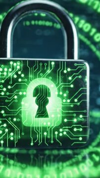 A digital padlock surrounded by glowing green circuitry, symbolizing advanced cybersecurity and data protection in a tech-focused environment.