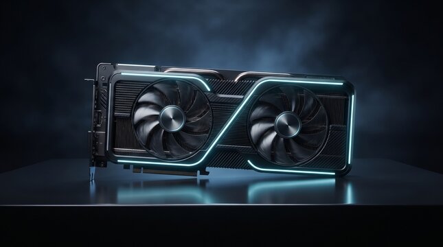 Futuristic Graphics Card with Electric Cyan Lighting, premium GPU hardware featuring sleek metallic cooling fins and dual fans in a dark studio setting