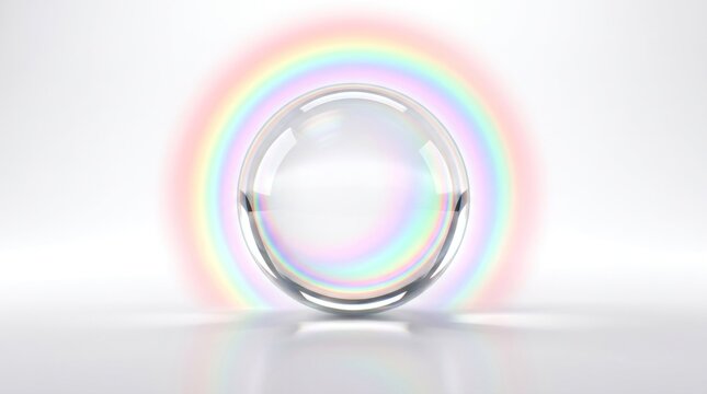 A transparent glass sphere with a rainbow-colored reflection on a white background.