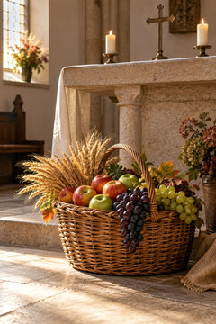 Harvest Basket in Front of Church Altar &ndash; Harvest Thanksgiving Service, Blessing and Gratitude