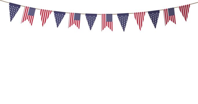 4k Resolution Video: American Patriotism, Celebration And Decorative Bunting Concept. Stars And Stripes Flags Hanging Across White Background With Copy Space And Alpha Matte