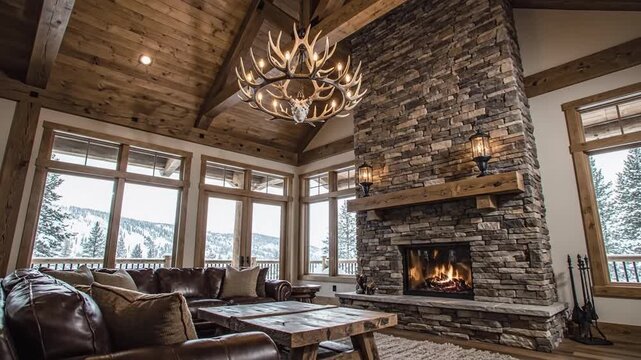 Cozy mountain lodge interior with a burning stone fireplace and rustic antler chandelier