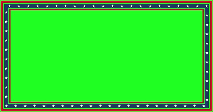 4k Resolution Video: Patriotic American Frame, Stars, Stripes, Red, Blue, White Border And Copyspace Concept. Rectangular USA Themed Border With Large Green Screen Chroma Key Center