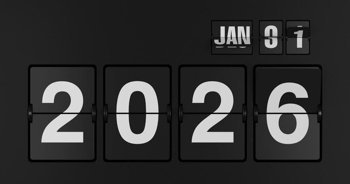 4k Resolution Video: New Year Countdown Concept. Black Mechanical Flip Clock Shows Date Flipping From 2026 To 2027 On Dark Background
