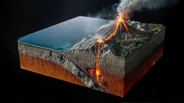 Subduction of continent plates showing volcanic eruption -  Cross-Section of earth layers