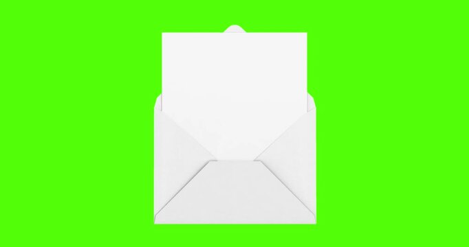 4k Resolution Video: Message Reveal, Mail Opening, Invitation Delivery And Communication Concept. White Envelope Opens Animated To Display A Blank Paper Card On Green Screen 