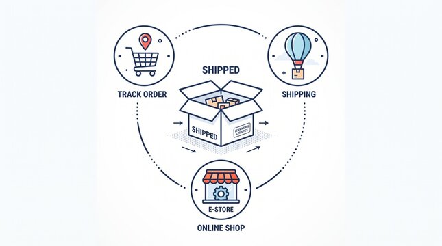 Modern omnichannel retail fulfillment infographic, open package at center, connected shopping cart, delivery service, and storefront icons, clean vector design, professional, minimal, business.
