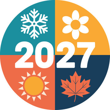 Seasonal 2027 calendar icon with four quadrants featuring winter, spring, summer, and autumn symbols
