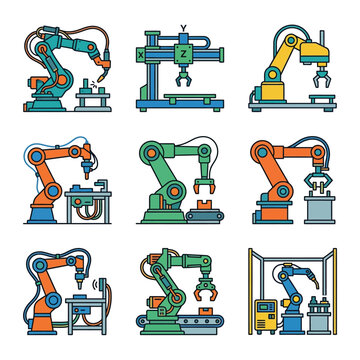 industrial robot icons set vector automated manufacturing machinery and equipment